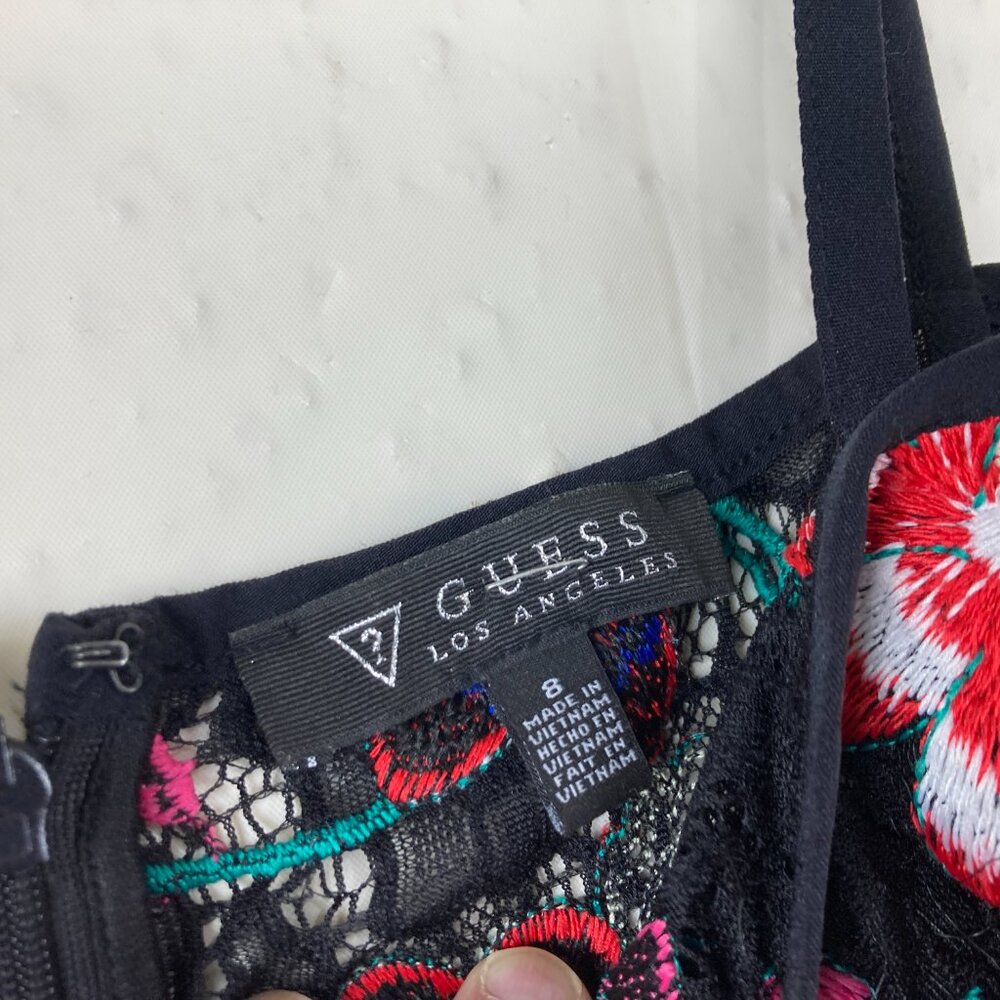 Guess Sz S Embroidered Floral Lace Dress Off Shoulder Black Colorful Flowers - Picture 6 of 7